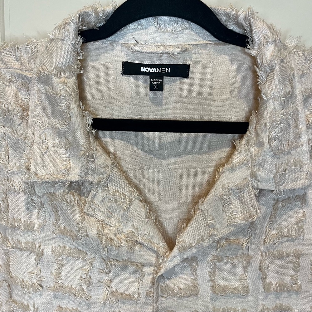 Pulled Thread Pattern Patches Short Sleeve Button Up Shirt Beige size XL Mens